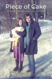 married poet couple standing in snow with leafless trees in background, wife holding their baby wrapped in white blanket